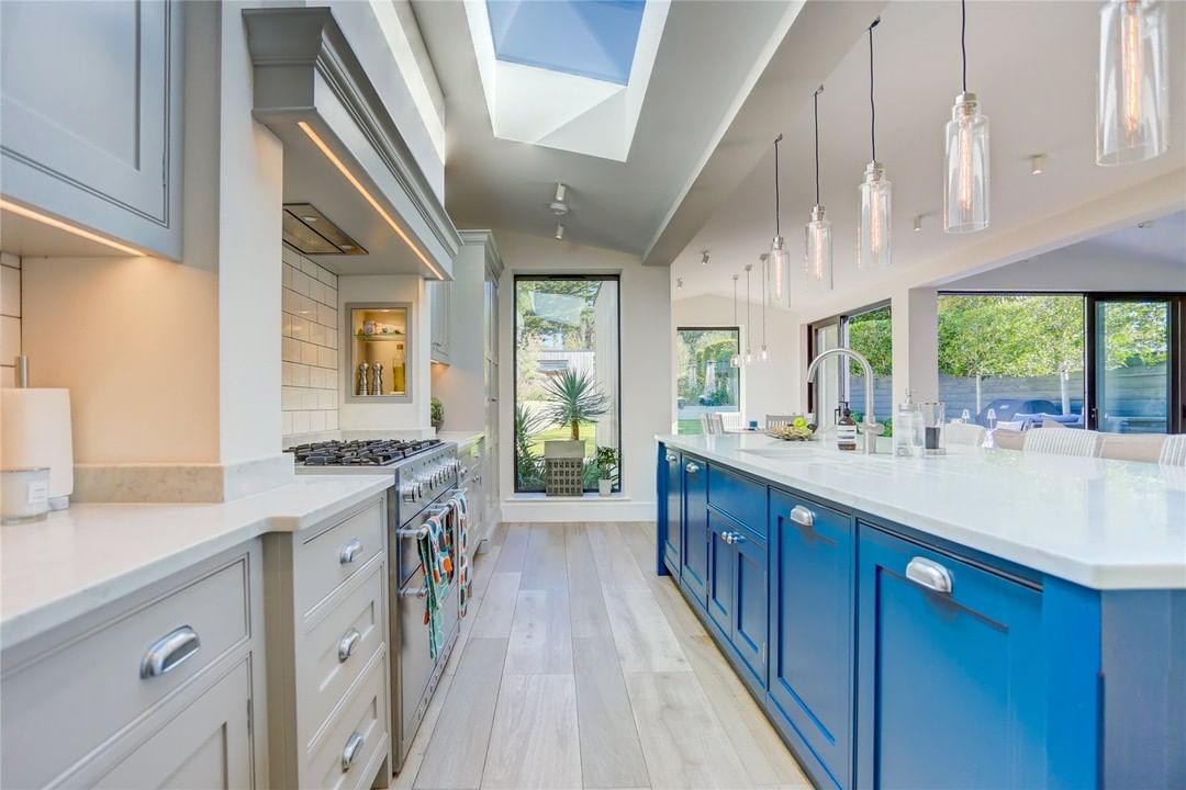 beautiful contemporary neutral and blue Shaker kitchen windows in Hove