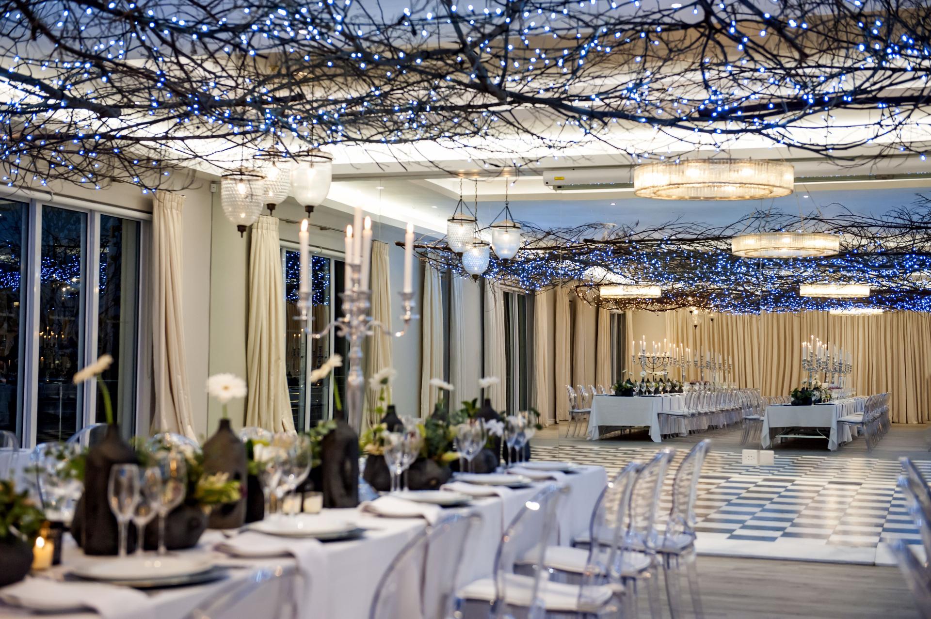 elegant wintery fairy lights dining ballroom wedding venue