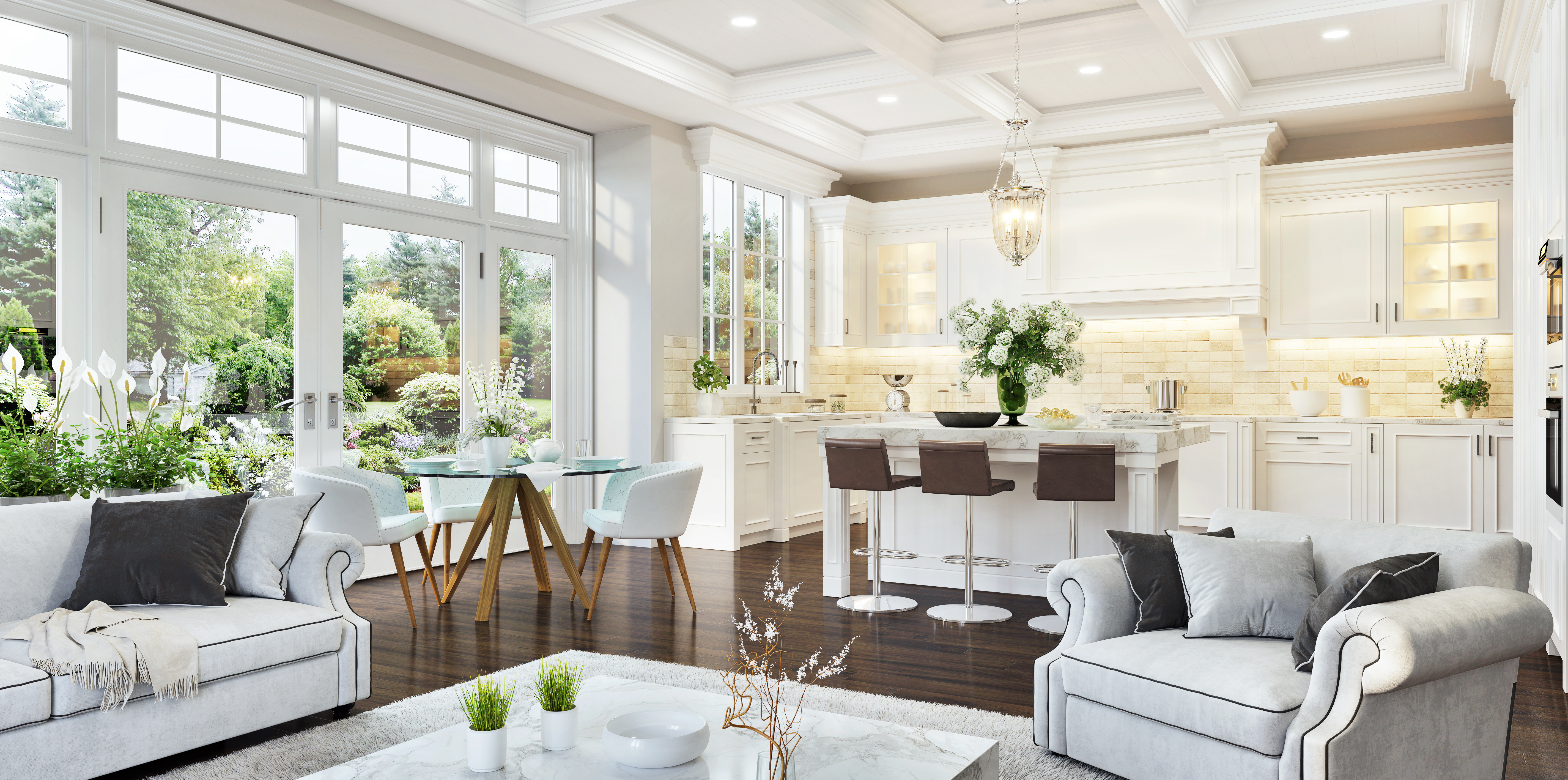 luxurious white living room kitchen in mansion home