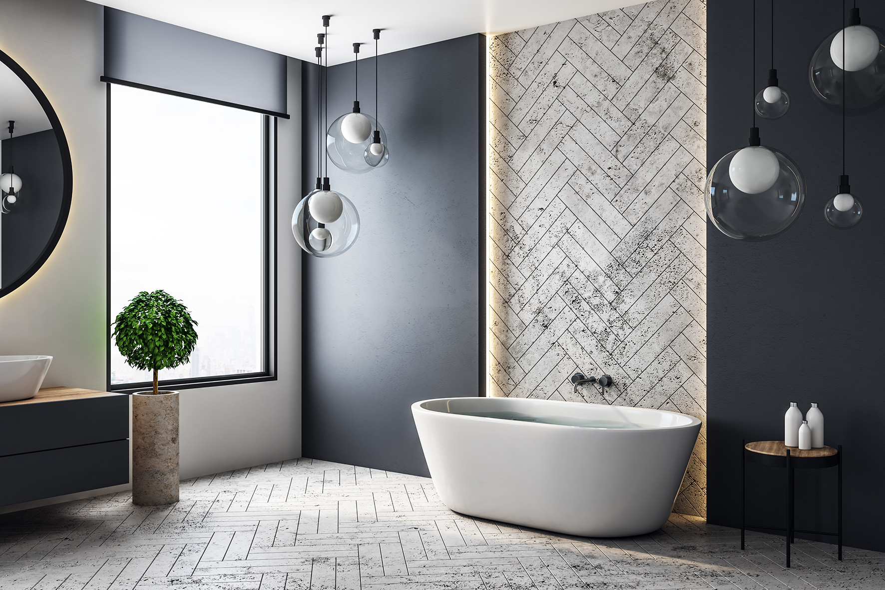 Luxury contemporary bathroom herringbone tiles