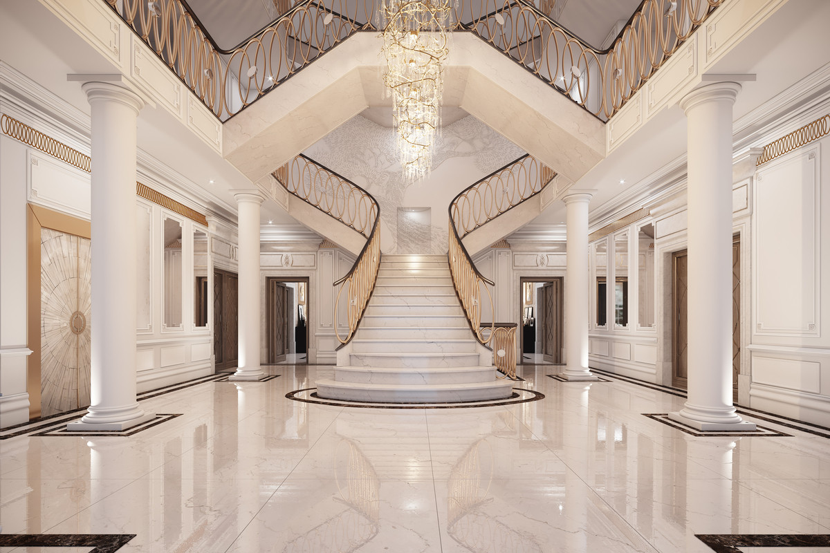 marble grand entrance hall with staircase and pillar columns