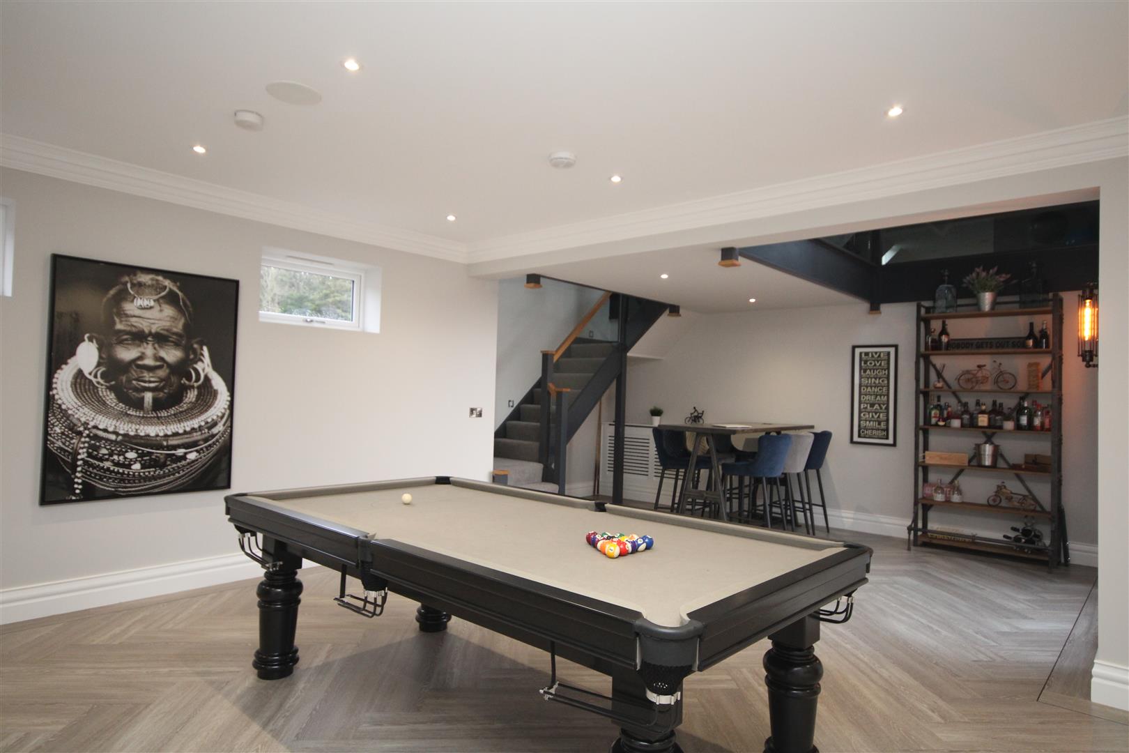 modern interiors in games room with grey pool table