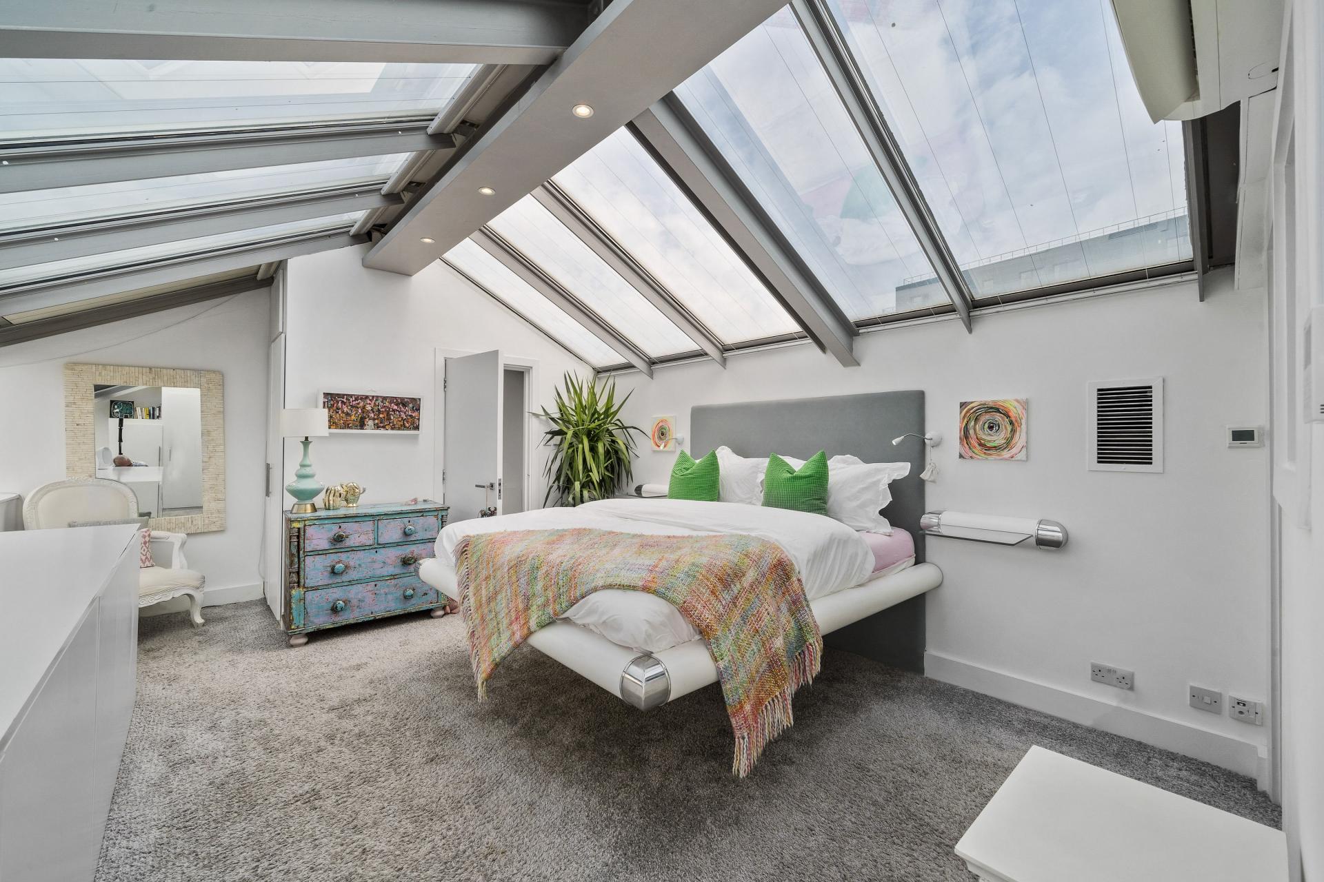bright bedroom with ceiling skylights