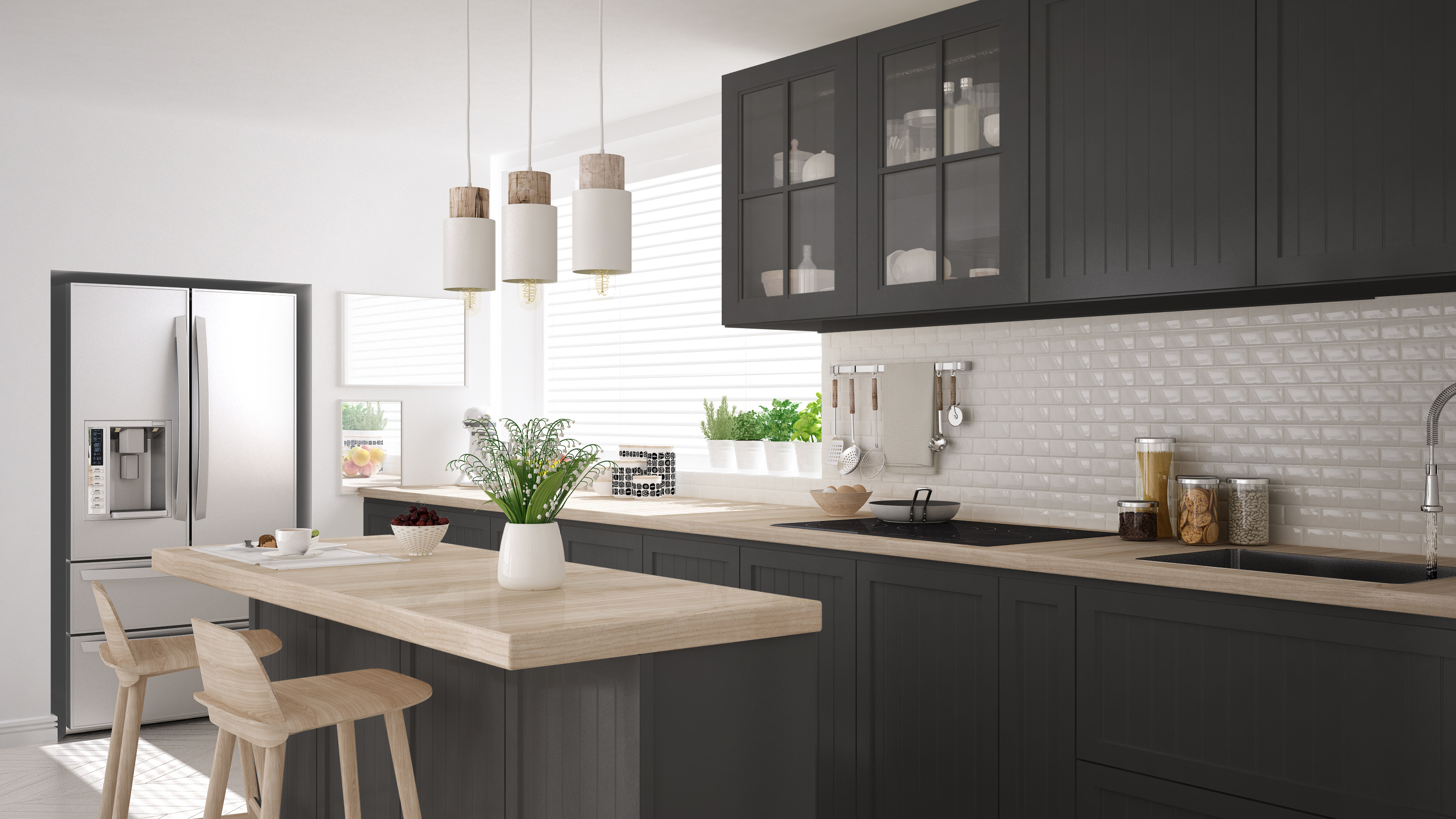 traditional shaker kitchen cabinets with wooden worktops