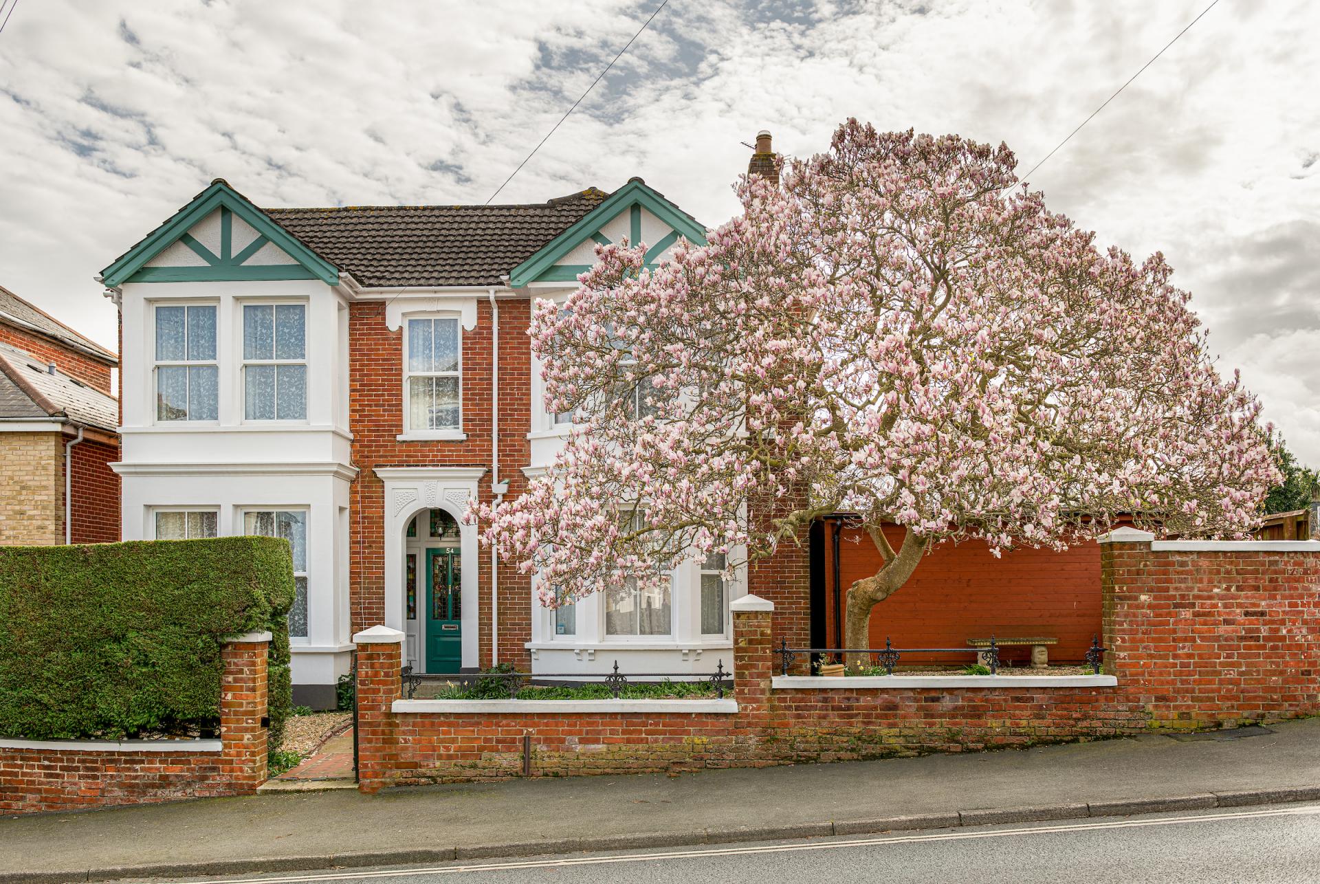 beautiful brick Victorian semi detached terrace house with pink blossom tree