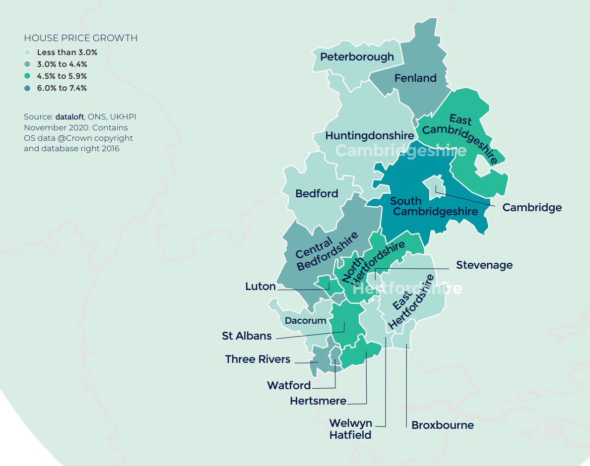 map of east_herts_cambs_beds_regional_property_market_report_house_price_growth