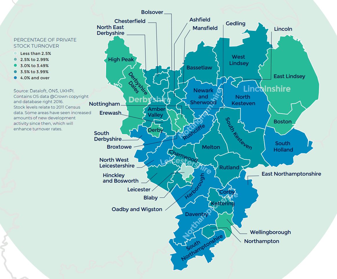East Midlands annual rate of price change regional property market report map