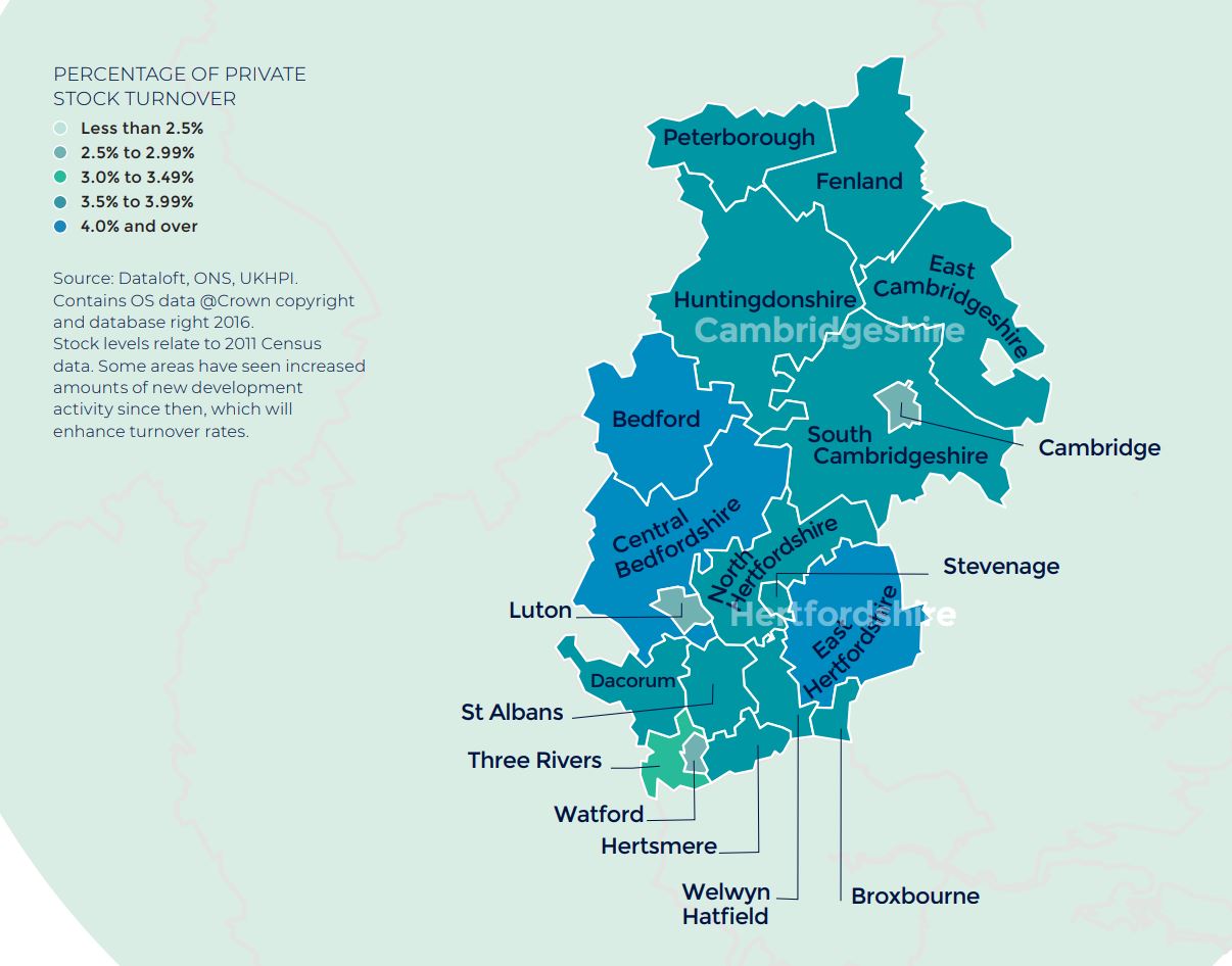Hertfordshire, Bedfordshire and Cambridgeshire annual rate of price change regional property market report map