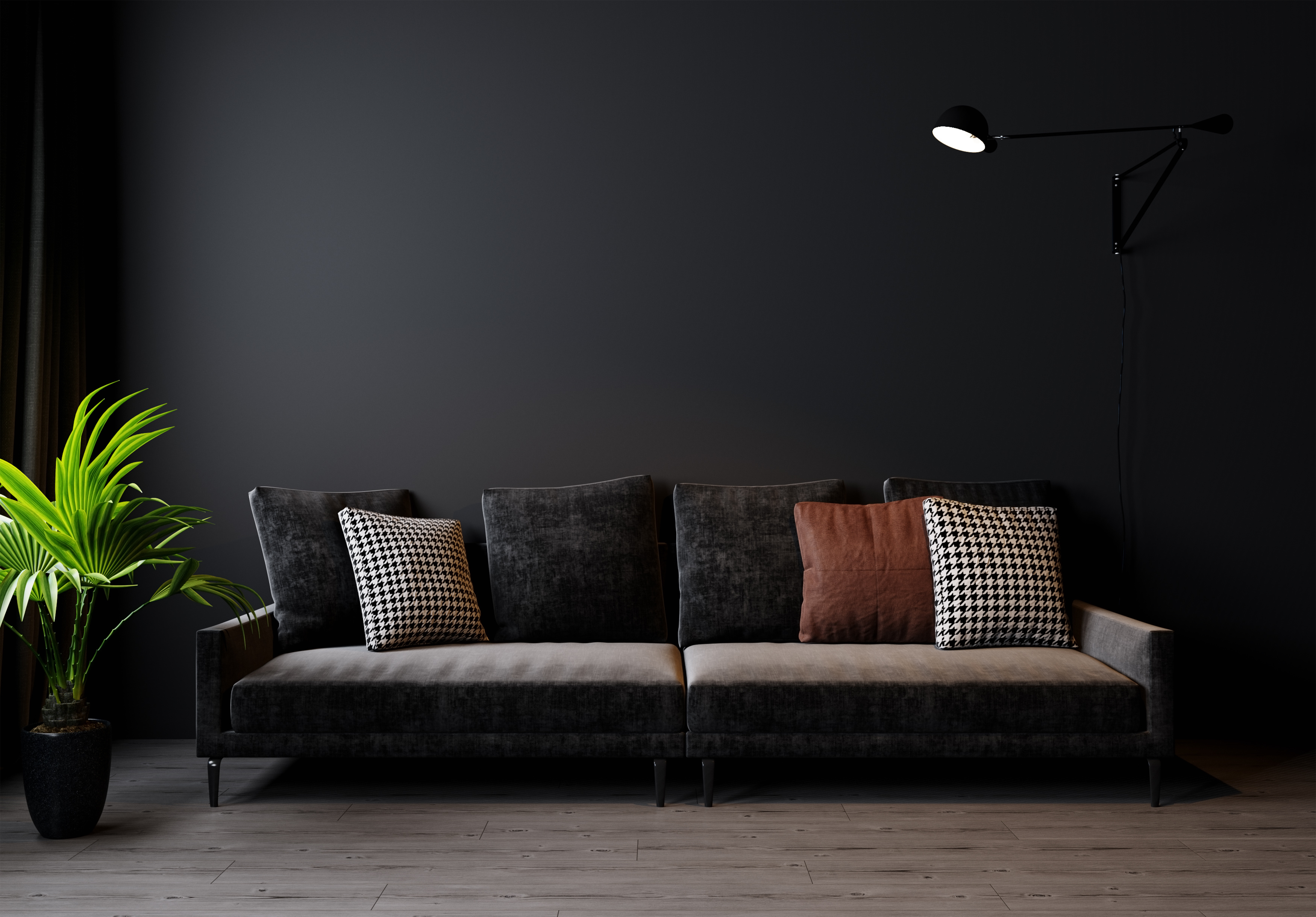 Modern living room interior background, dark wall,