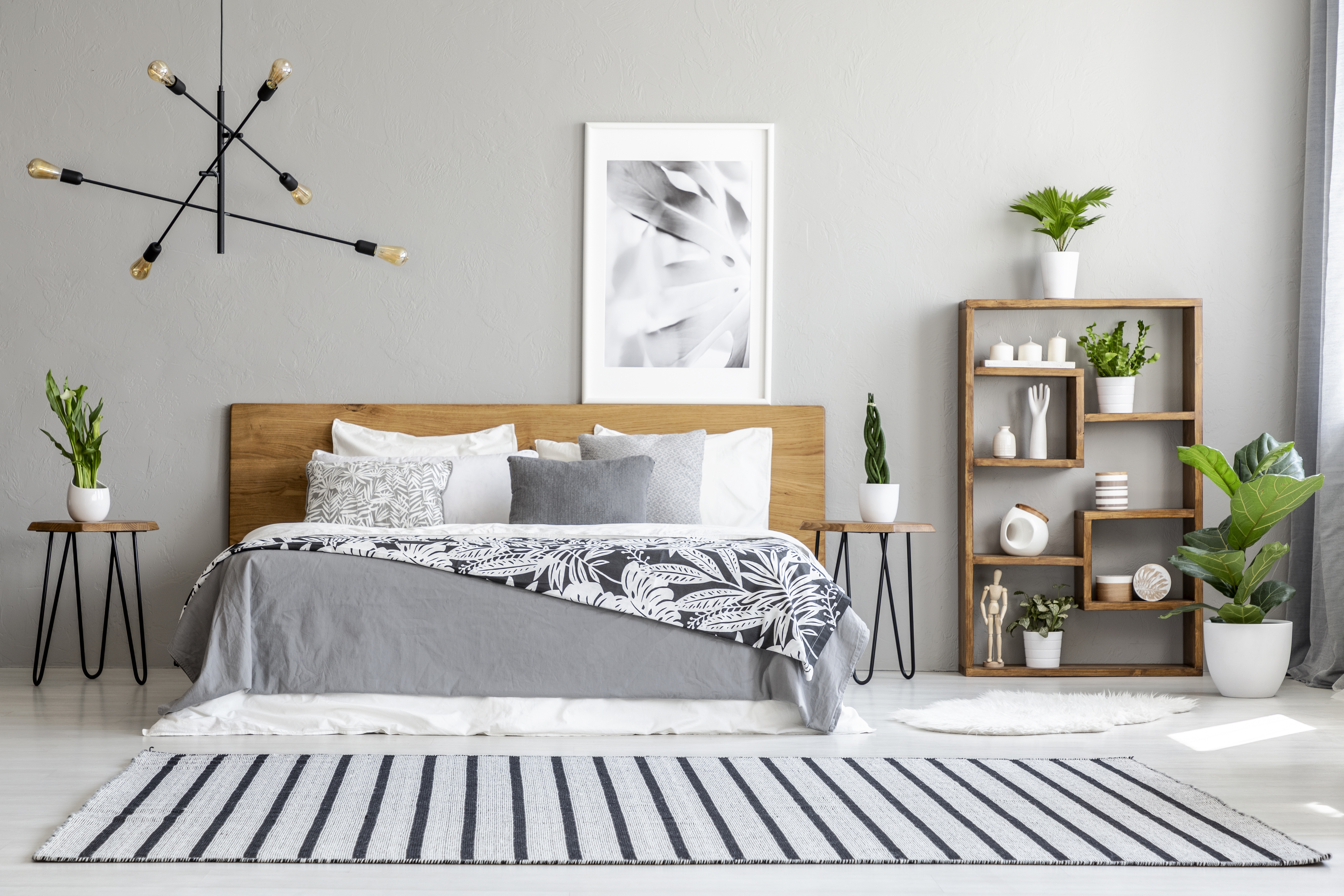interior design bedroom stripe rug contemporary shelves