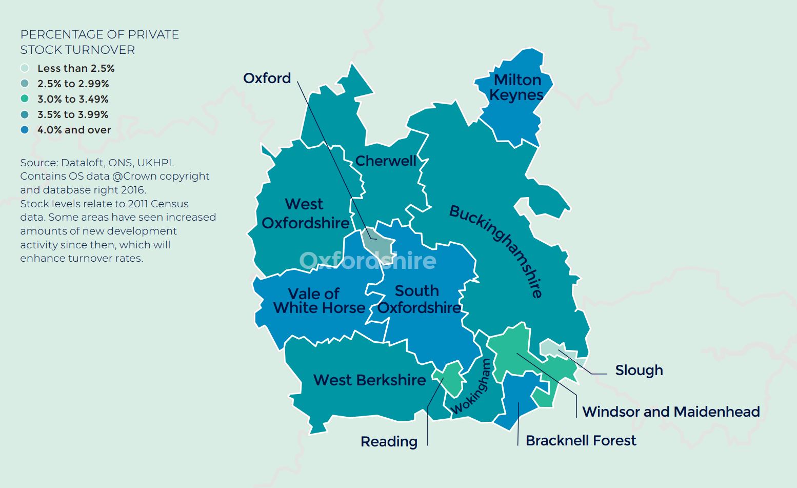 Thames Valley, Berkshire, Oxfordshire and Buckinghamshire annual rate of price change regional property market report map