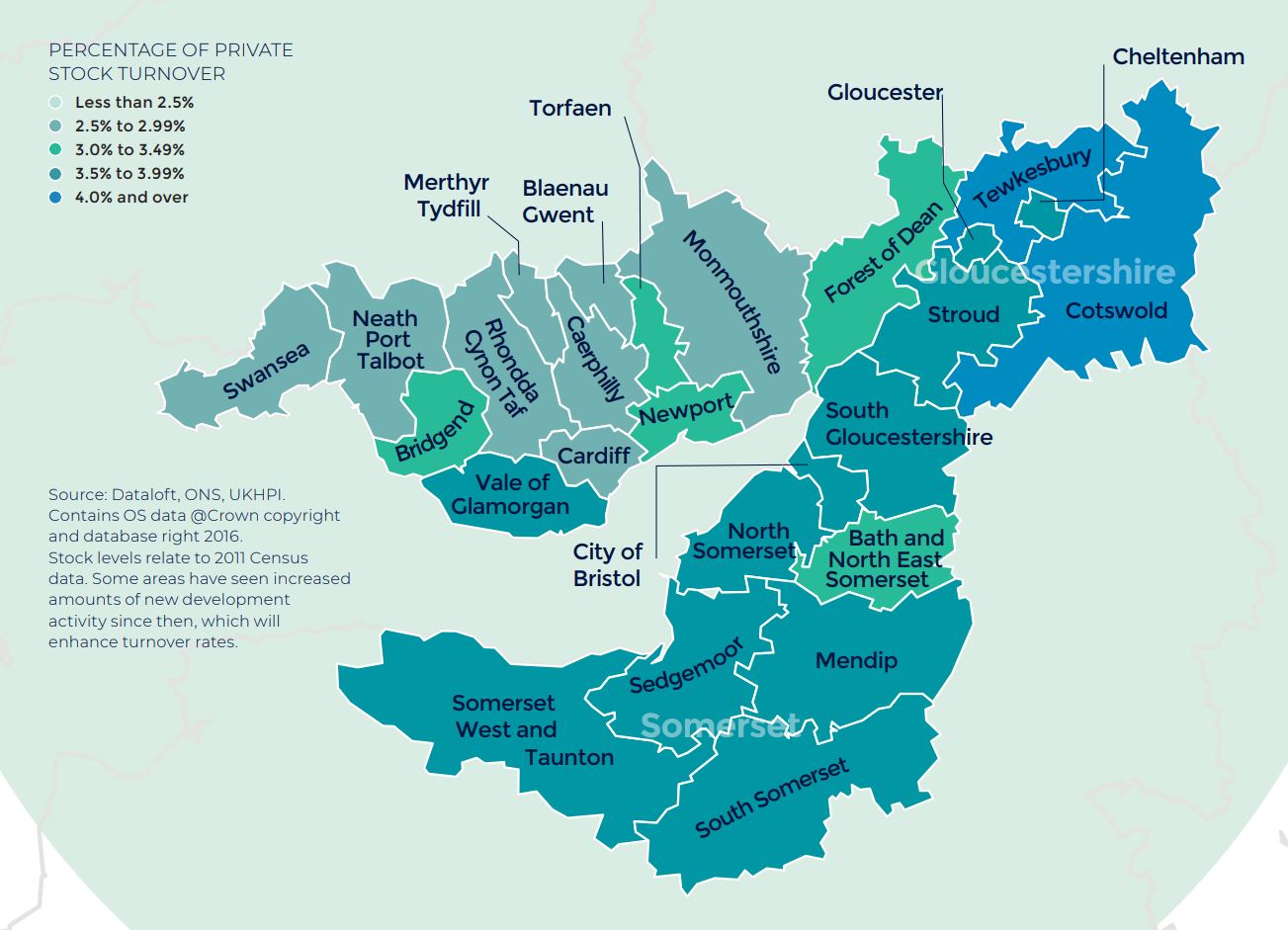 West of England and South Wales annual rate of price change regional property market report map