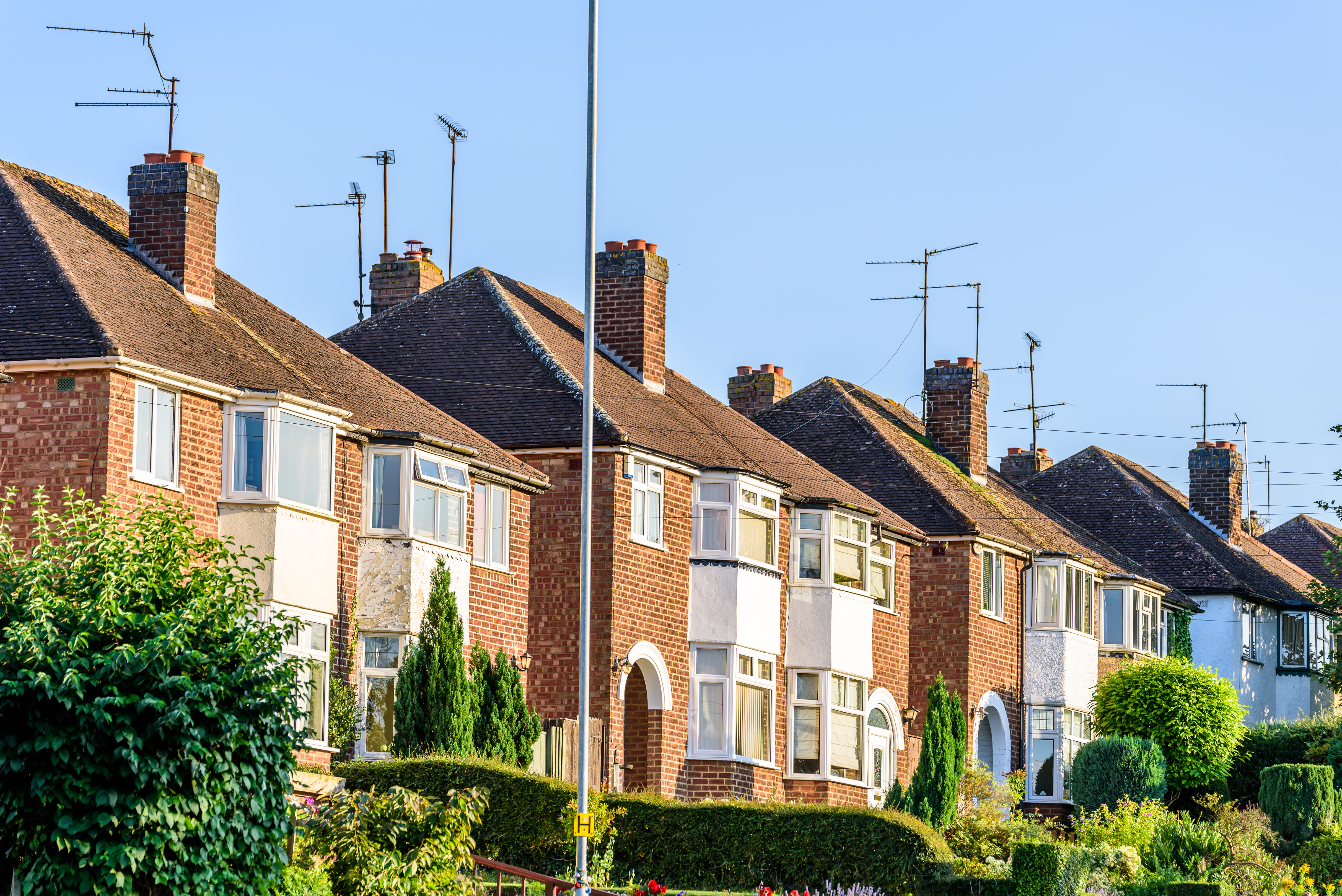 Evening View of Row of Typical English Terraced Houses in Northampton