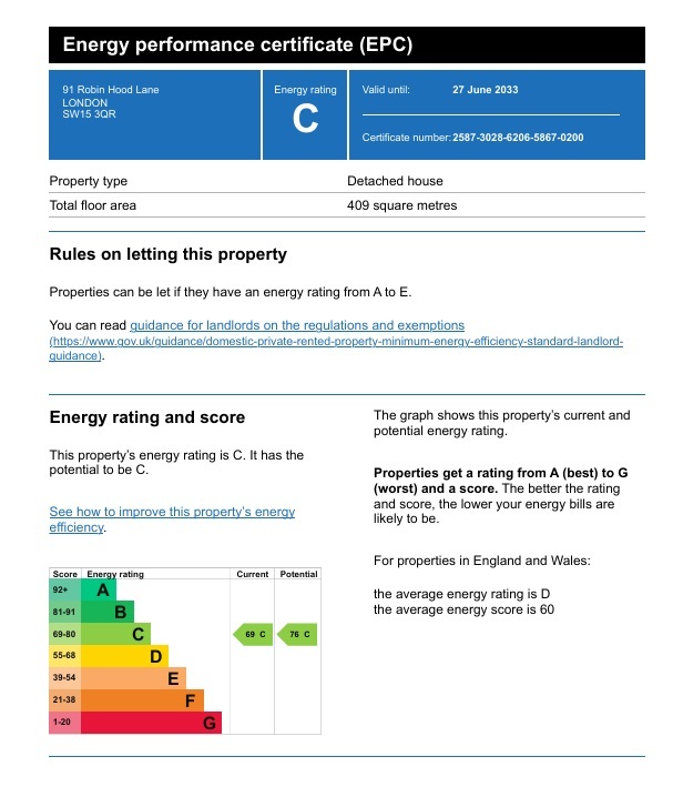 Energy Performance Certificate for Robin Hood Lane, SW15