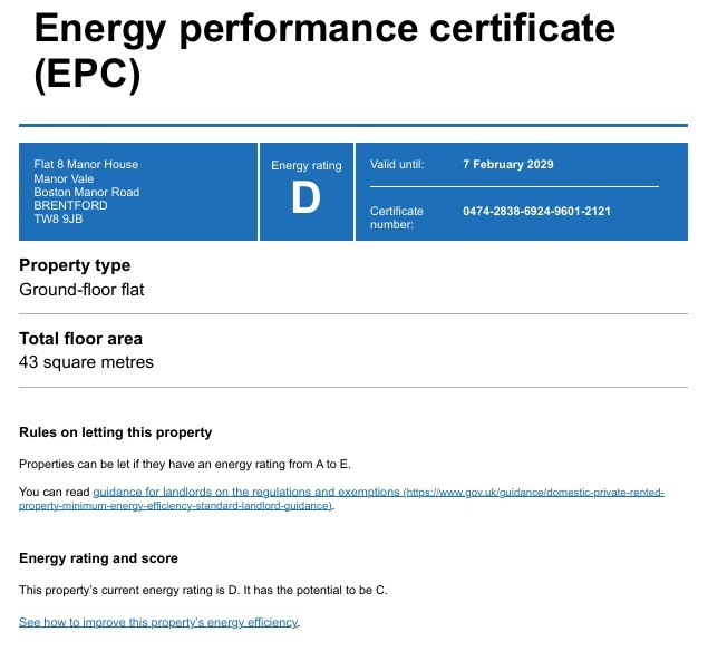 Energy Performance Certificate for Boston Manor Road, Brentford, TW8